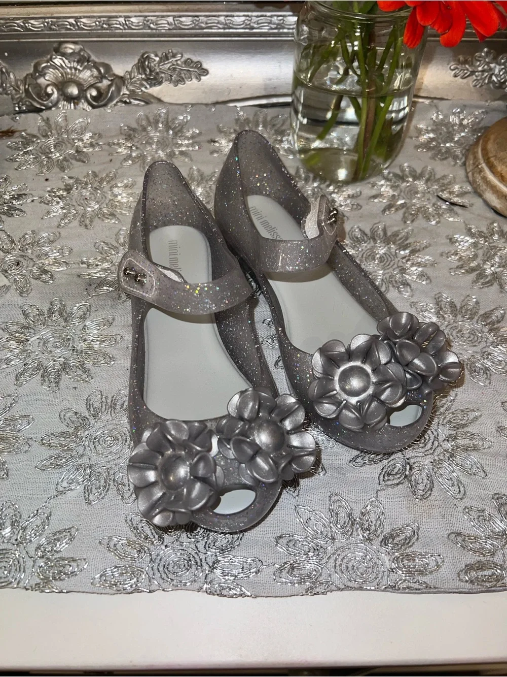 Mini Melissa Silver Glitter Floral Mary Jane Flats